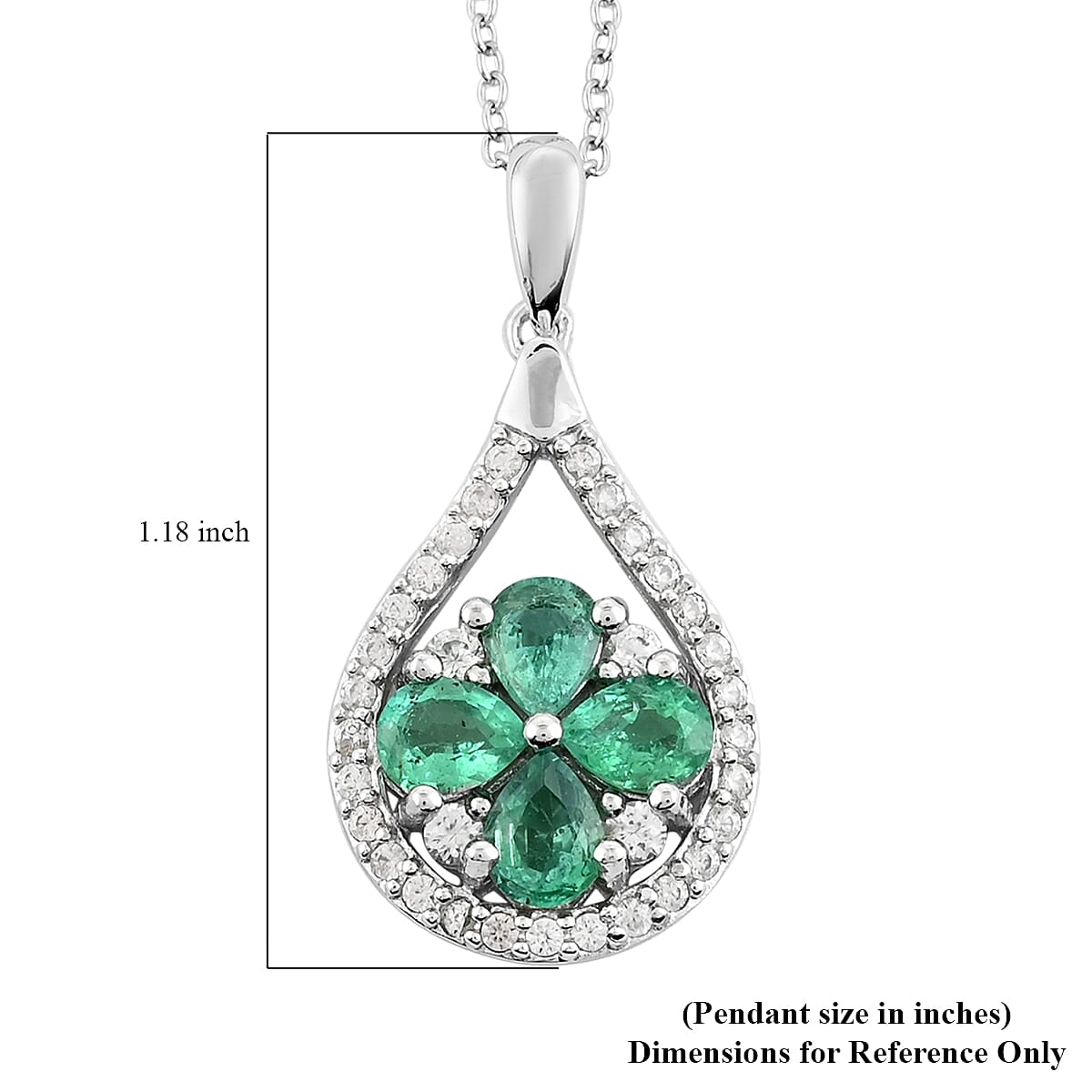 AAA Kagem Emerald and White Zircon Pendant Necklace 18 Inches in Rhodium Over Sterling Silver 1.70 ctw