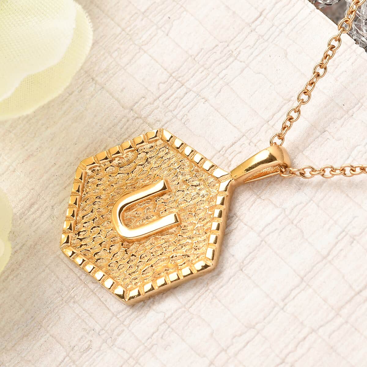 Karis Initial U Pendant in 18K YG Plated with ION Plated Yellow Gold Stainless Steel Necklace 20 Inches image number 1