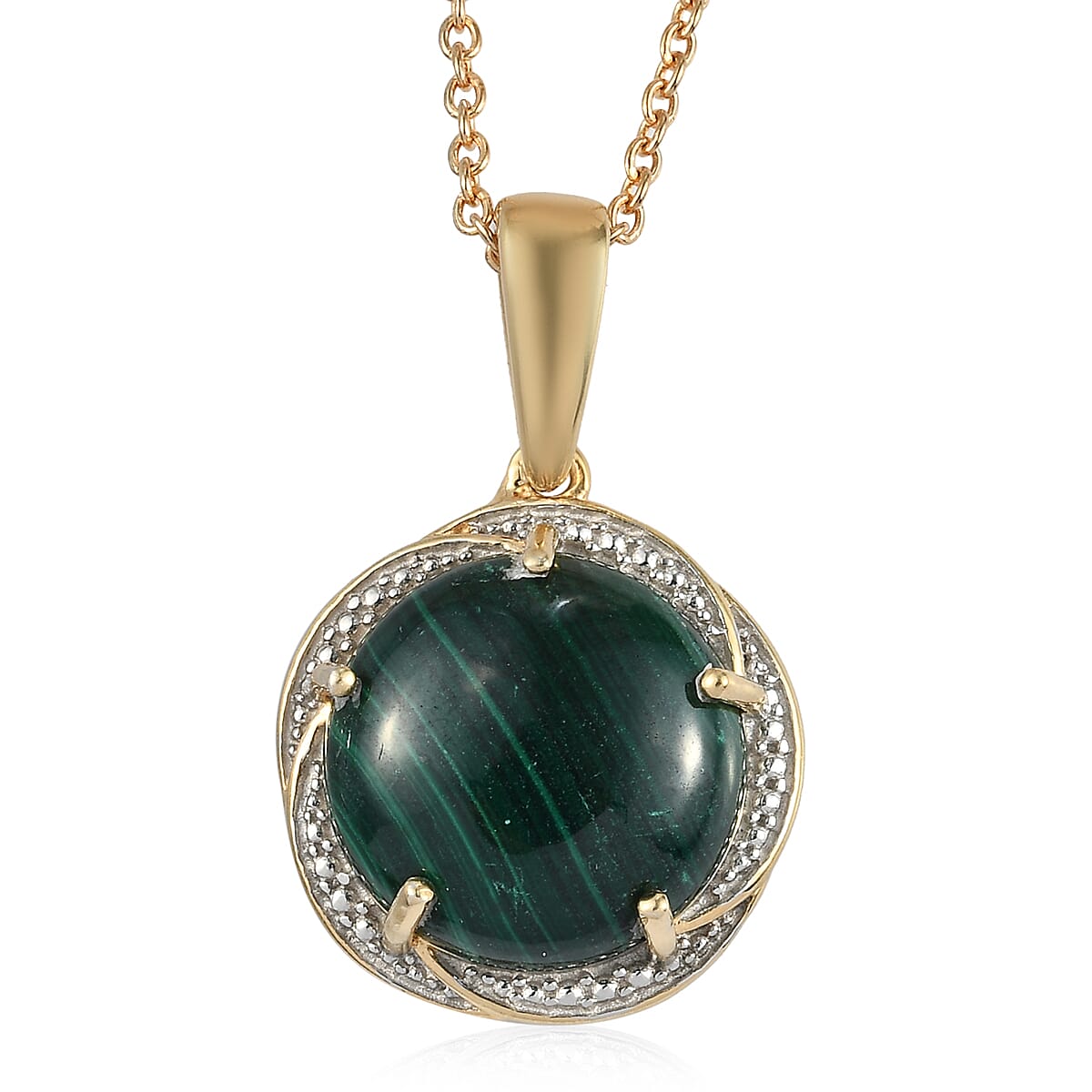 African Malachite Pendant Necklace 20 Inches in 14K Yellow Gold and Platinum Over Copper, Stainless Steel 13.60 ctw
