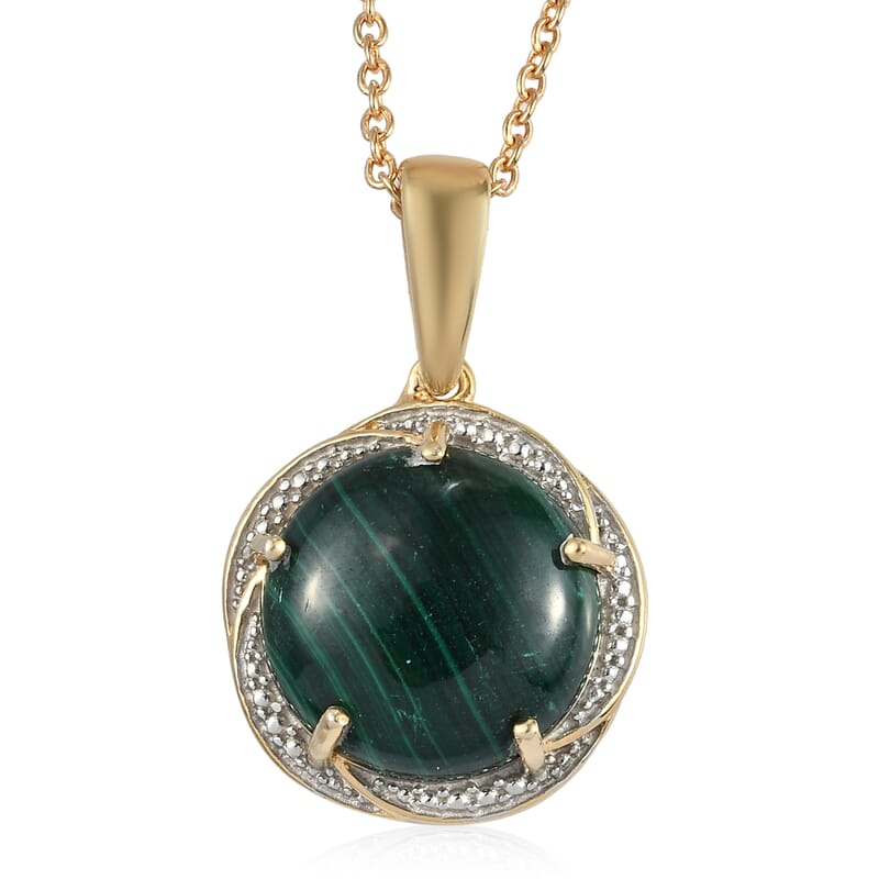 African Malachite Pendant Necklace 20 Inches in 14K Yellow Gold and Platinum Over Copper, Stainless Steel 13.60 ctw