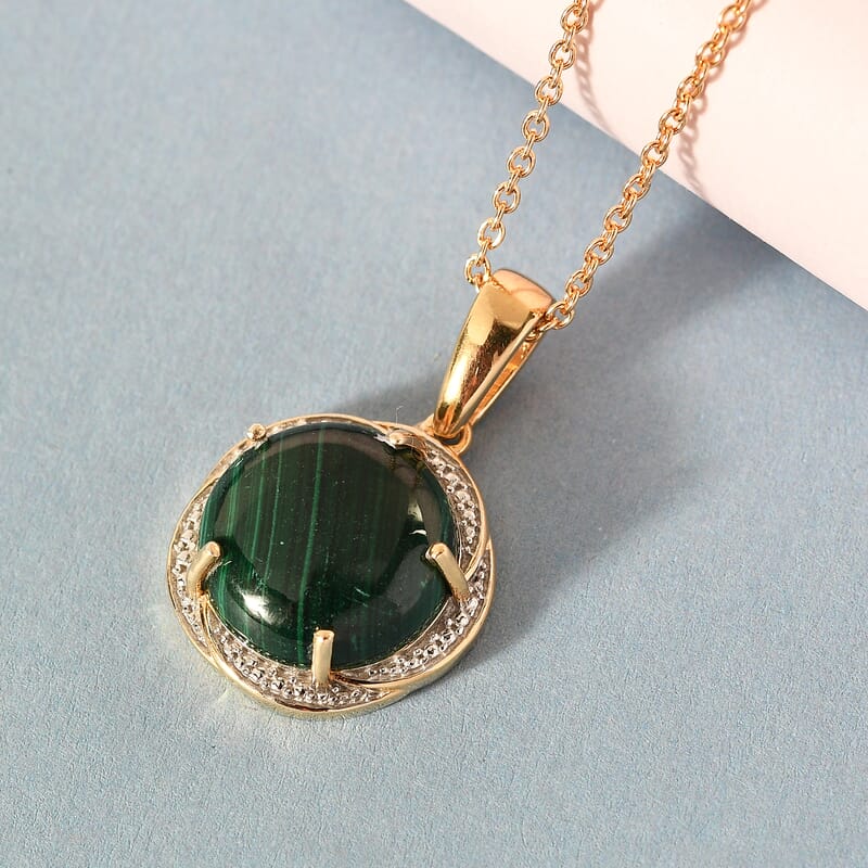 African Malachite Pendant Necklace 20 Inches in 14K Yellow Gold and Platinum Over Copper, Stainless Steel 13.60 ctw