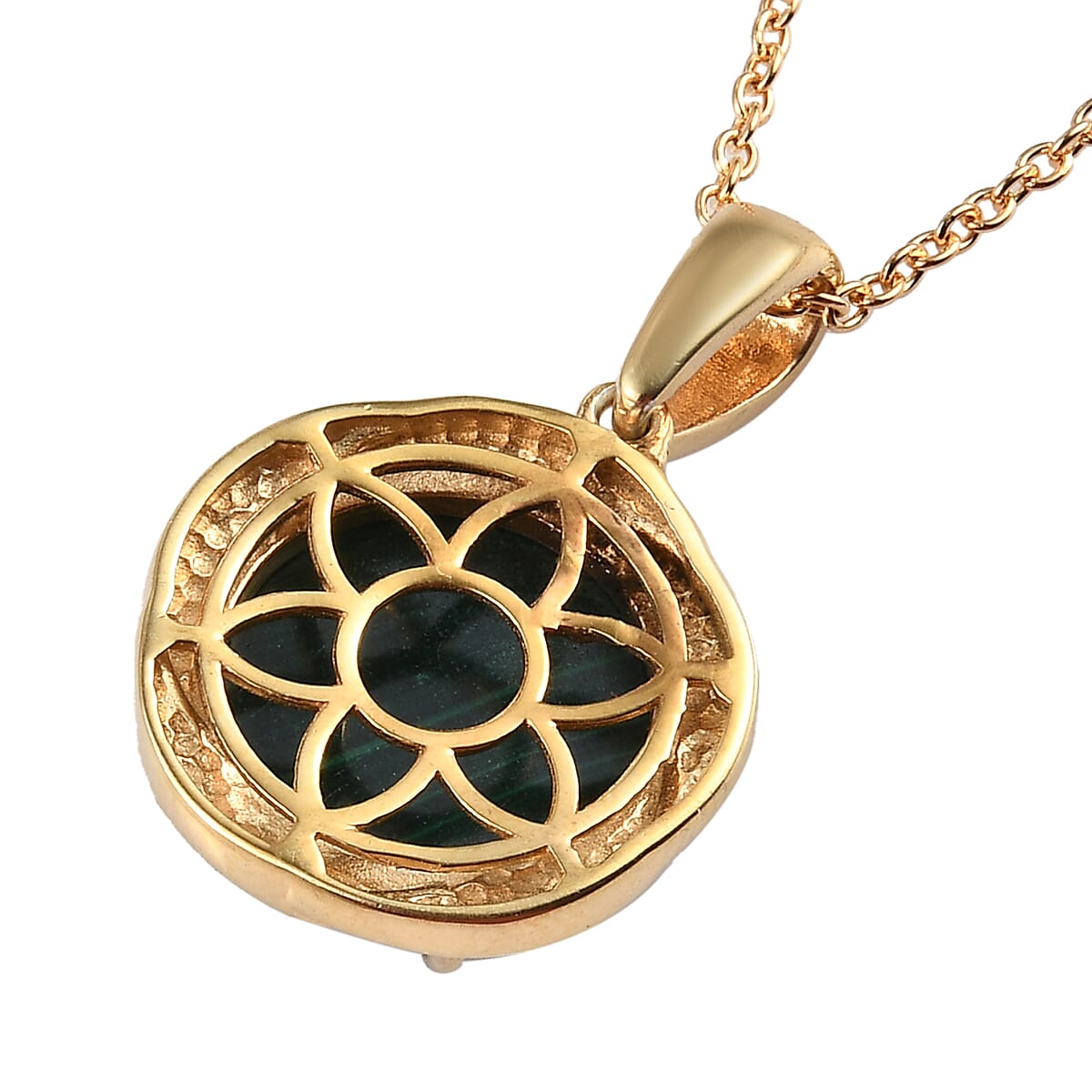 African Malachite Pendant Necklace 20 Inches in 14K Yellow Gold and Platinum Over Copper, Stainless Steel 13.60 ctw