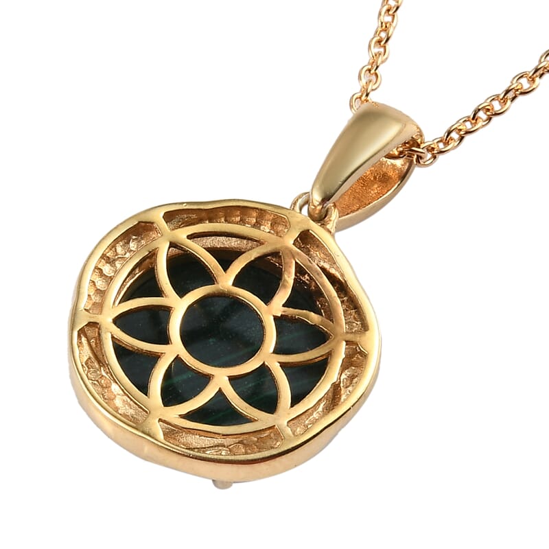 African Malachite Pendant Necklace 20 Inches in 14K Yellow Gold and Platinum Over Copper, Stainless Steel 13.60 ctw