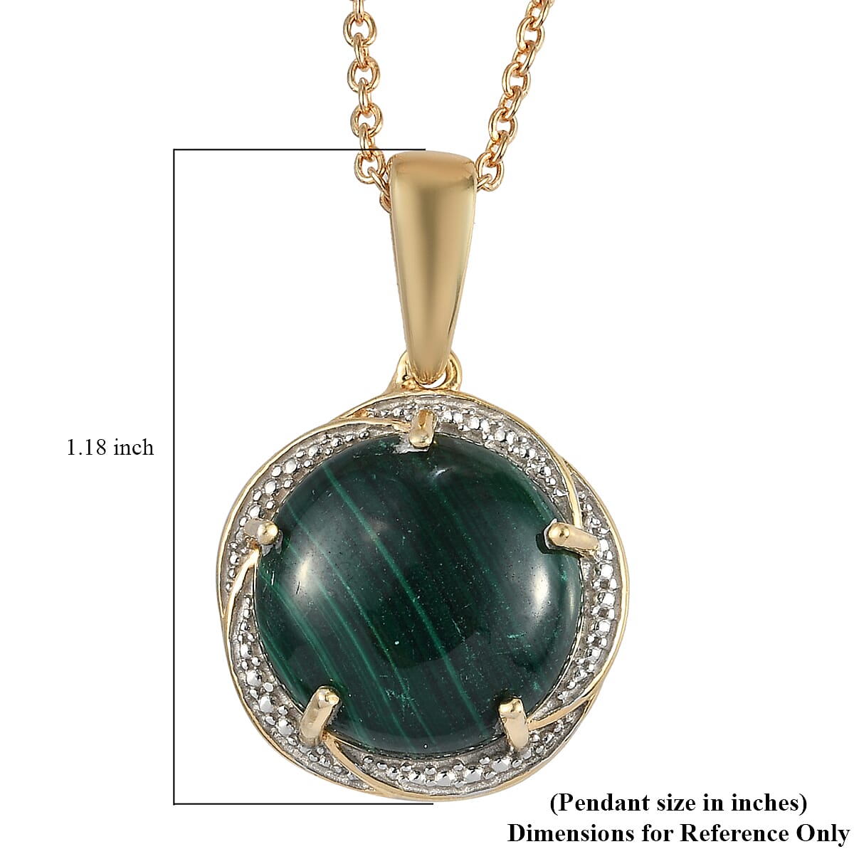 African Malachite Pendant Necklace 20 Inches in 14K Yellow Gold and Platinum Over Copper, Stainless Steel 13.60 ctw
