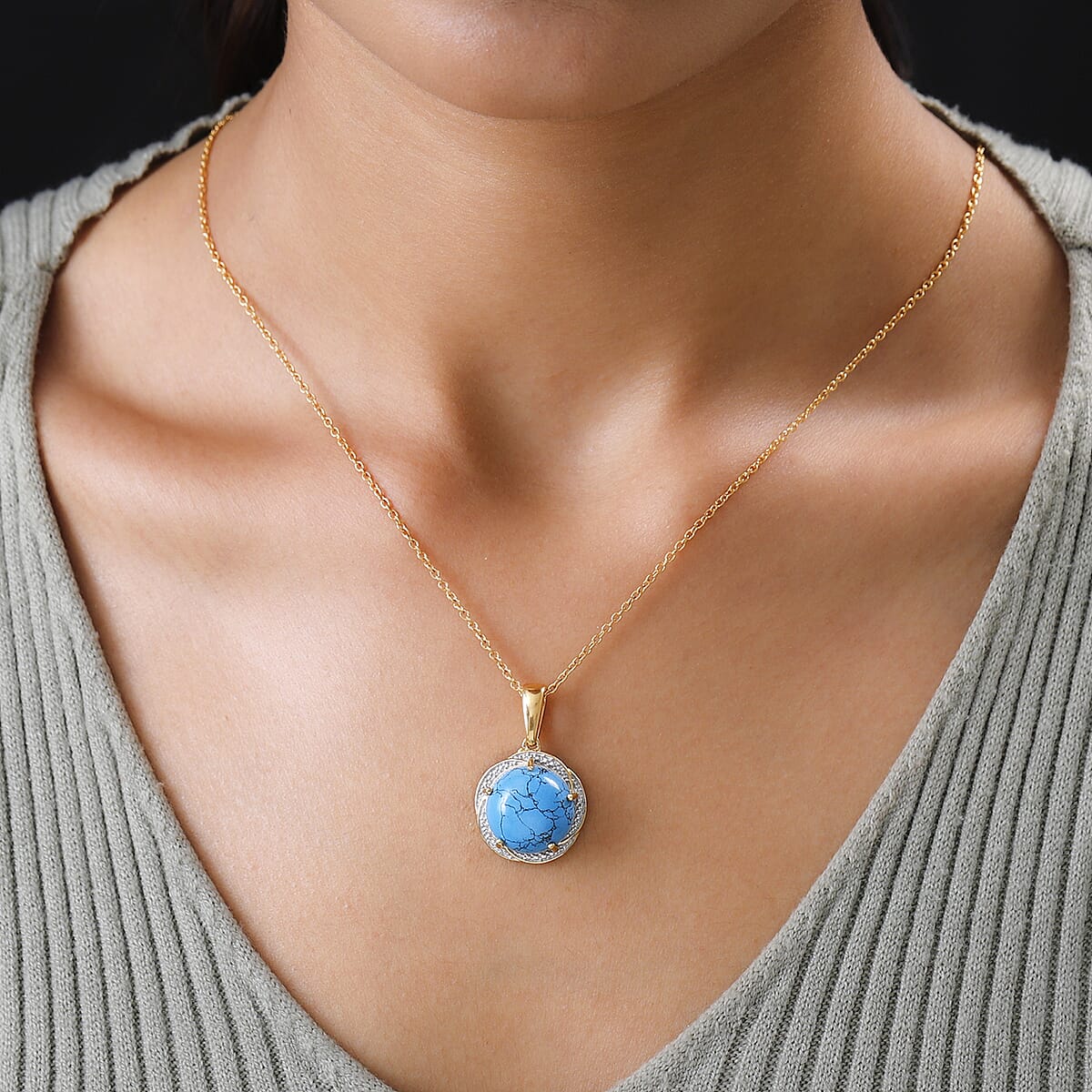 Blue Howlite Pendant Necklace 20 Inches in 14K Yellow Gold and Platinum Over Copper, Stainless 9.80 ctw image number 2