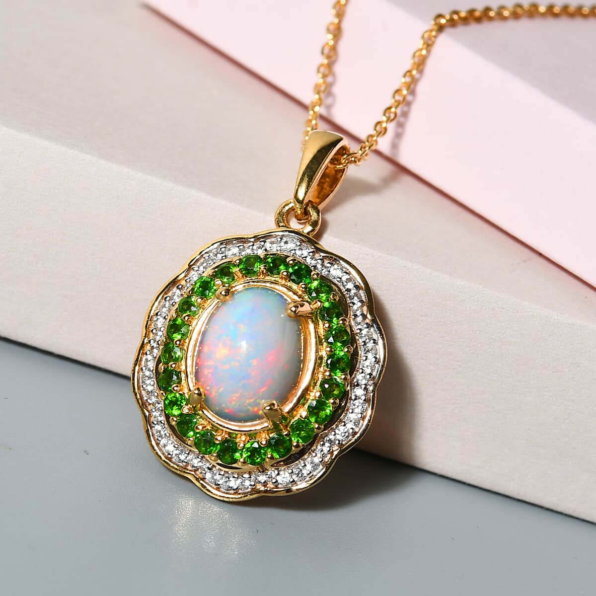 Ethiopian Welo Opal and Multi Gemstone Pendant Necklace 20In in Vermeil YG and Platinum Over Sterling Silver 5.00 ctw image number 1