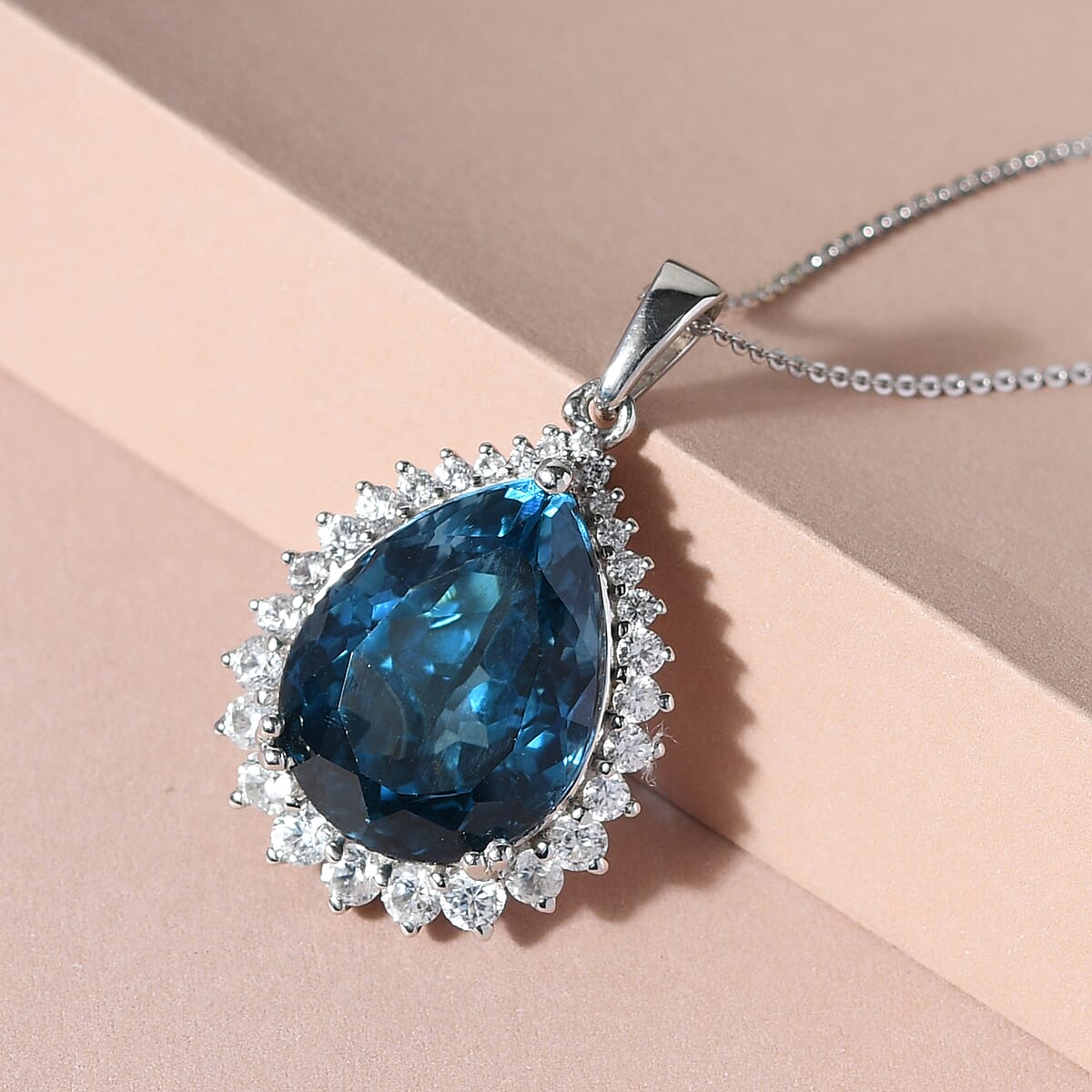 London Blue Topaz and Natural White Zircon Pendant Necklace 20 Inches in Platinum Over Sterling Silver 22.50 ctw image number 1