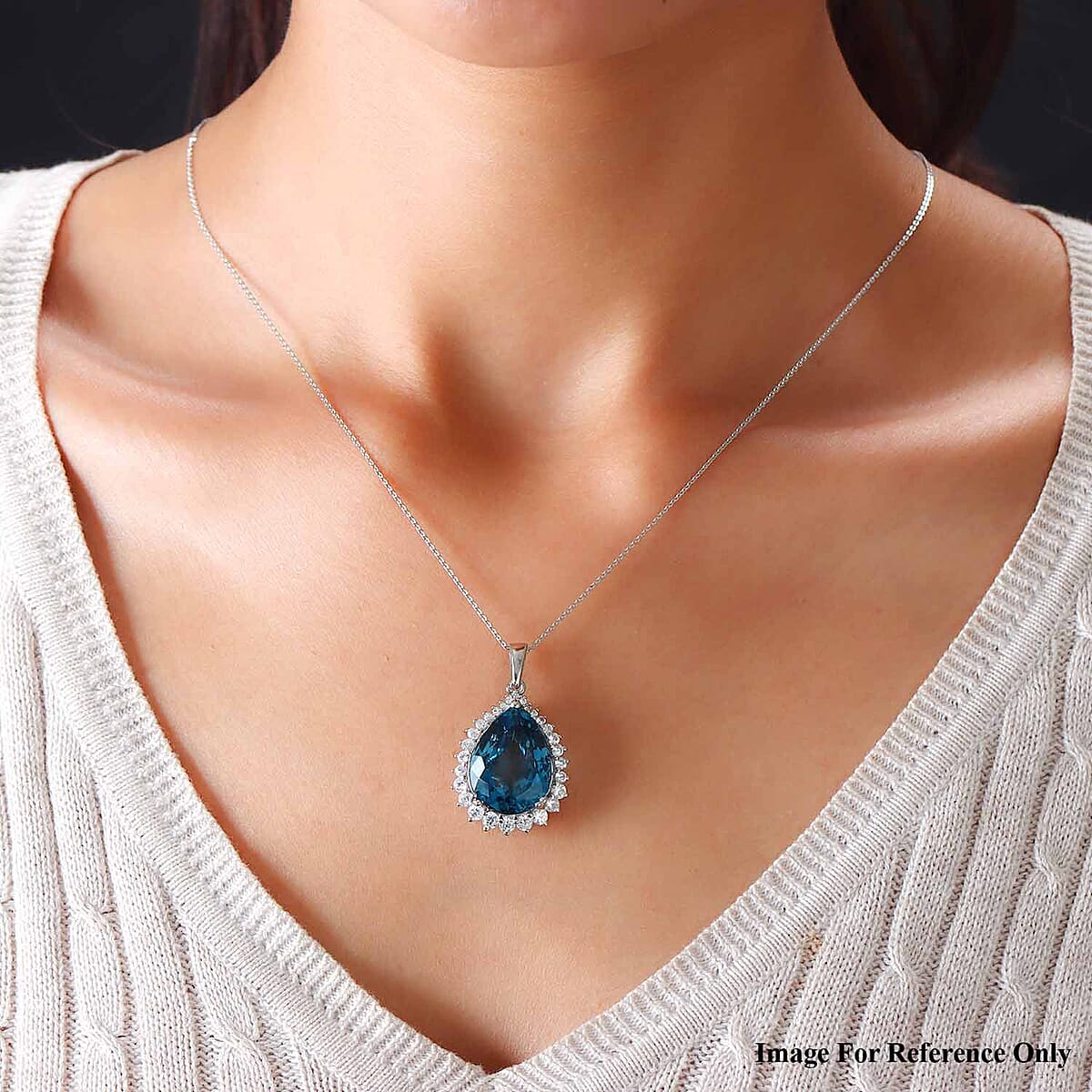 London Blue Topaz and Natural White Zircon Pendant Necklace 20 Inches in Platinum Over Sterling Silver 22.50 ctw image number 2
