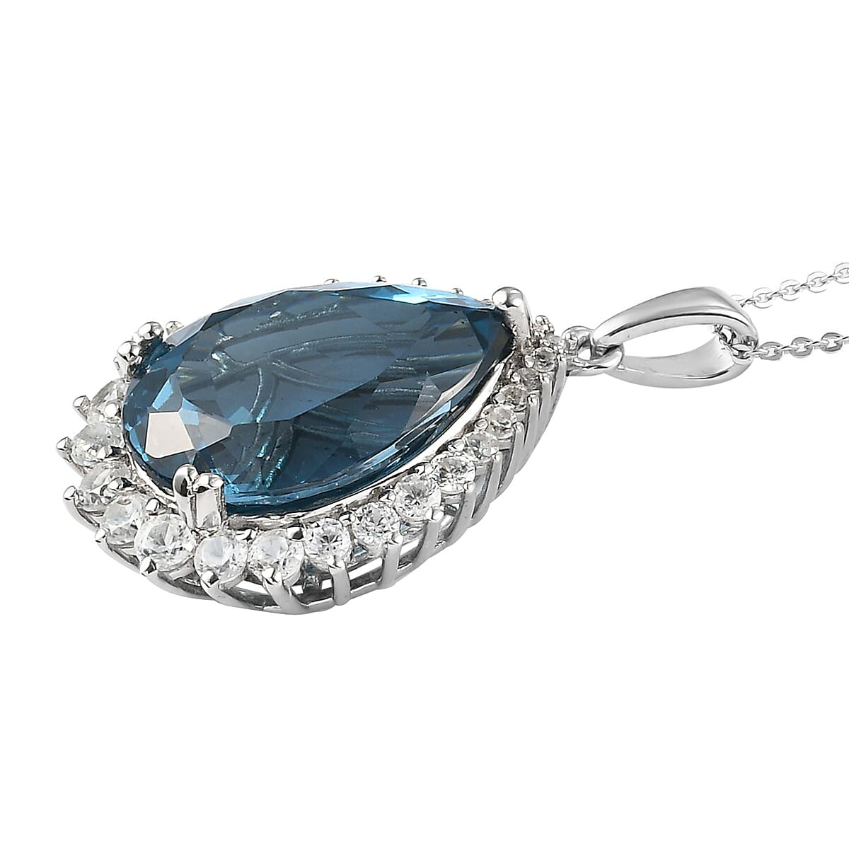 London Blue Topaz and Natural White Zircon Pendant Necklace 20 Inches in Platinum Over Sterling Silver 22.50 ctw image number 3