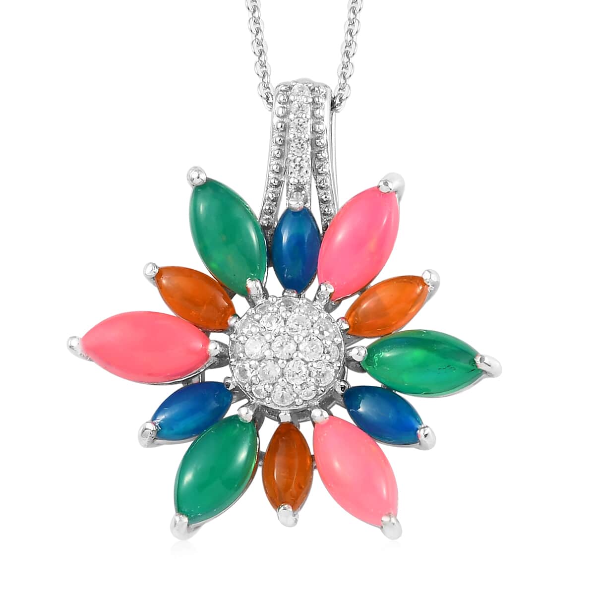 Multi Welo Opal and Natural White Zircon Sunflower Pendant Necklace 20 Inches in Platinum Over Sterling Silver 3.60 ctw image number 0