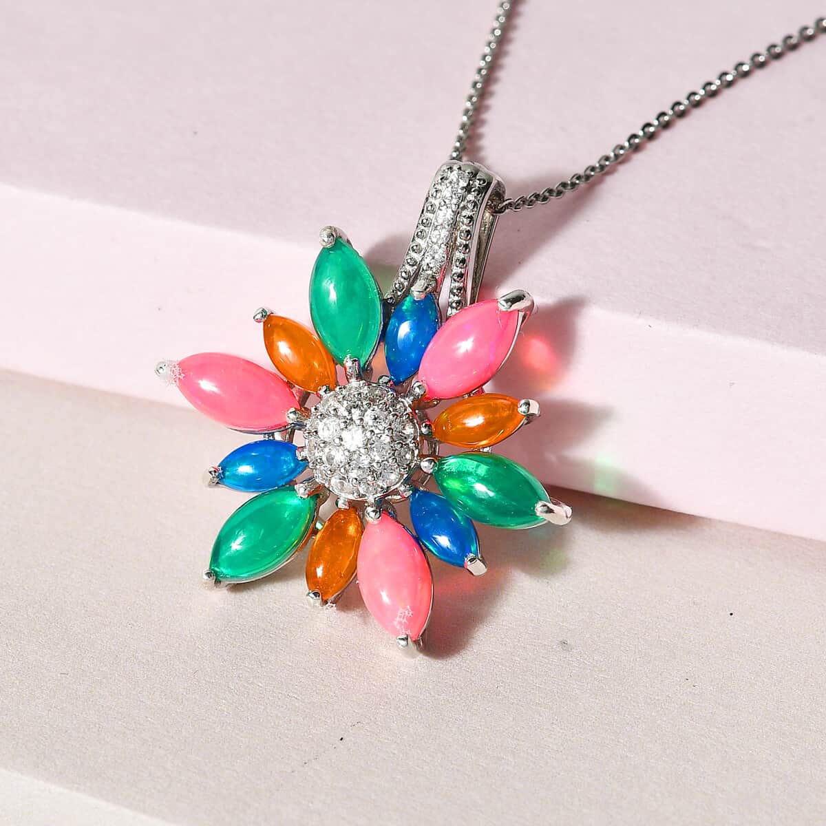 Multi Welo Opal and Natural White Zircon Sunflower Pendant Necklace 20 Inches in Platinum Over Sterling Silver 3.60 ctw image number 1