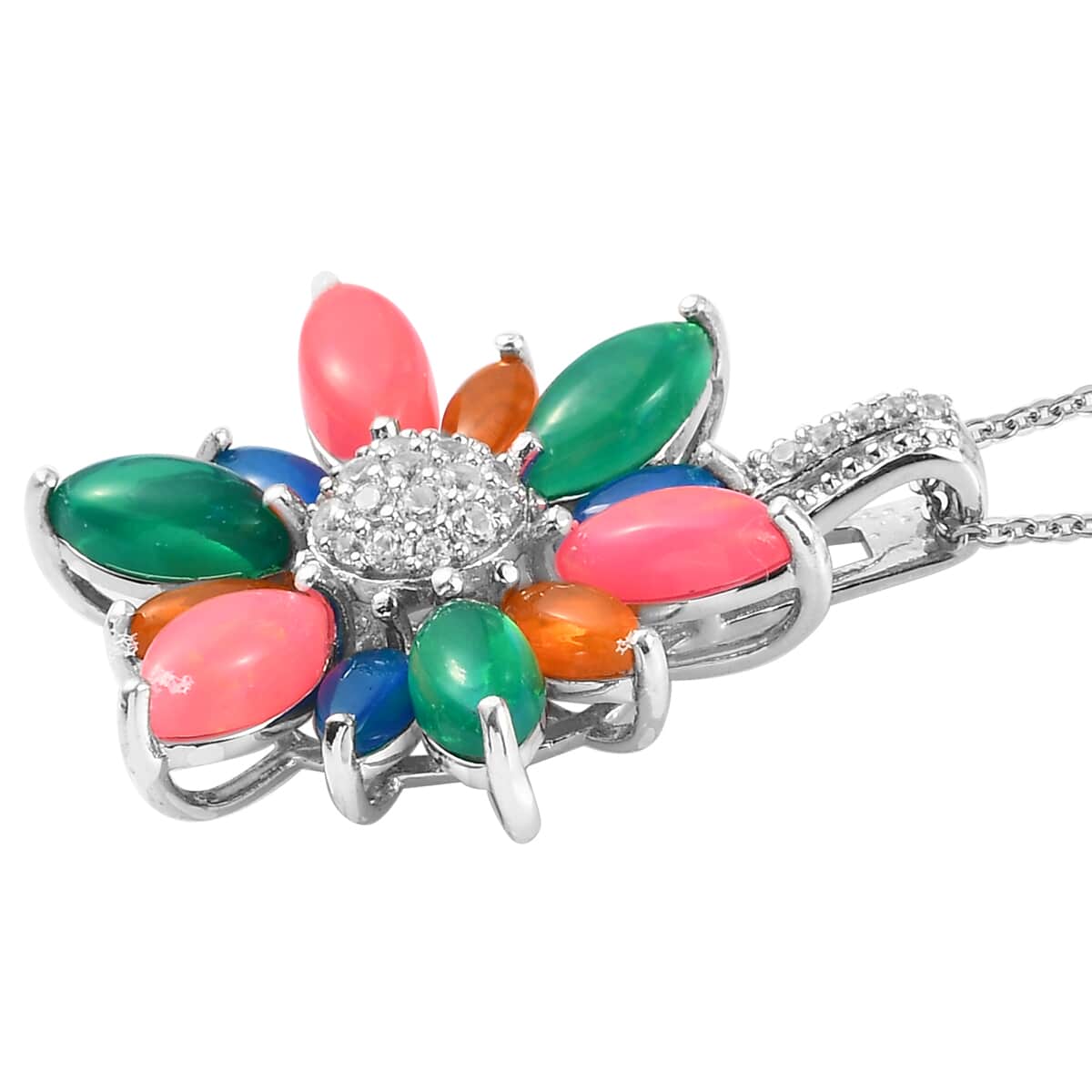 Multi Welo Opal and Natural White Zircon Sunflower Pendant Necklace 20 Inches in Platinum Over Sterling Silver 3.60 ctw image number 3
