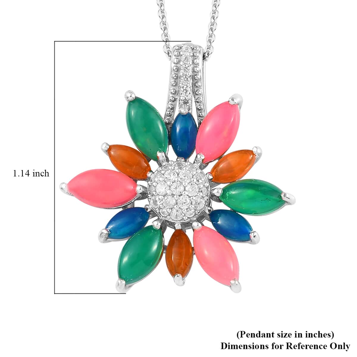 Multi Welo Opal and Natural White Zircon Sunflower Pendant Necklace 20 Inches in Platinum Over Sterling Silver 3.60 ctw image number 5