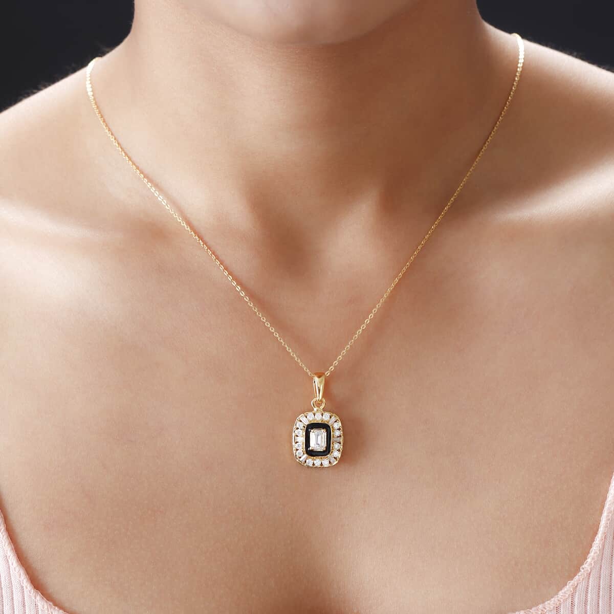 Moissanite and Black Enameled Fancy Cocktail Pendant Necklace 20 Inches in Vermeil Yellow Gold Over Sterling Silver 1.30 ctw image number 2