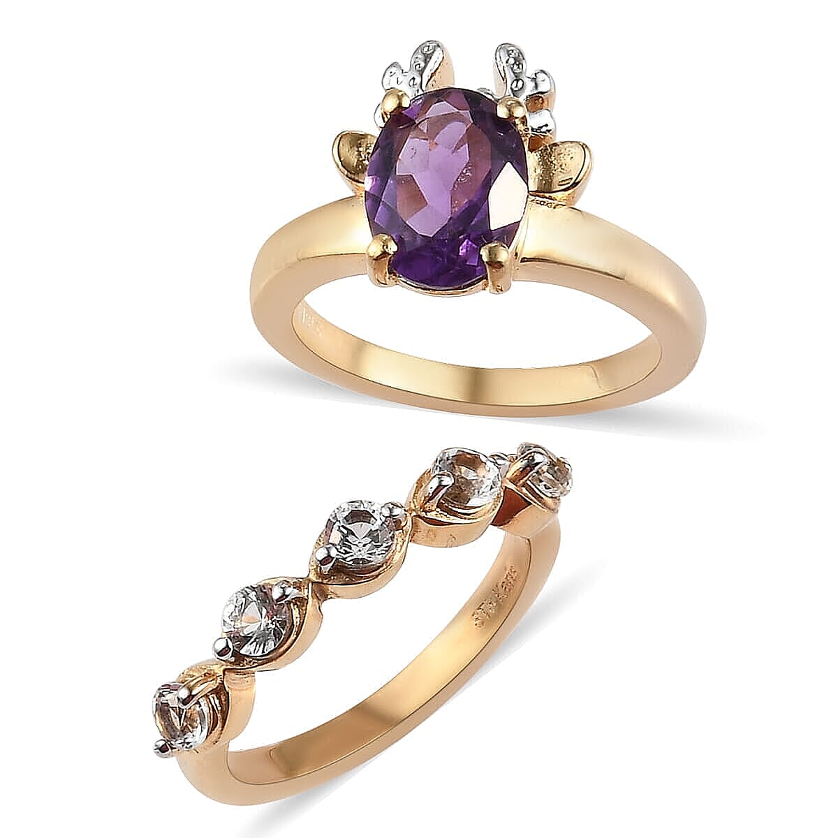 Karis Amethyst and White Topaz Set of 2 Ring in Platinum Bond & ION Plated 18K Yellow Gold (Size 5.0) 2.40 ctw