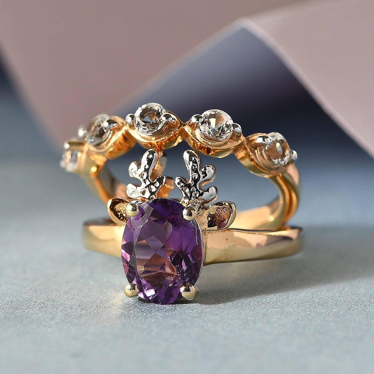 Karis Amethyst and White Topaz Set of 2 Ring in Platinum Bond & ION Plated 18K Yellow Gold (Size 5.0) 2.40 ctw