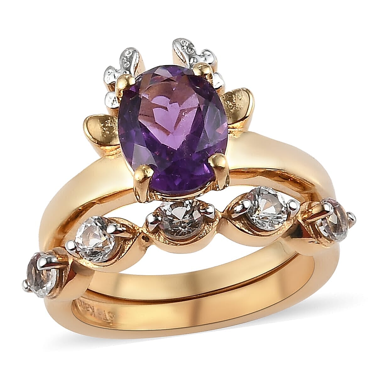 Karis Amethyst and White Topaz Set of 2 Ring in Platinum Bond & ION Plated 18K Yellow Gold (Size 5.0) 2.40 ctw