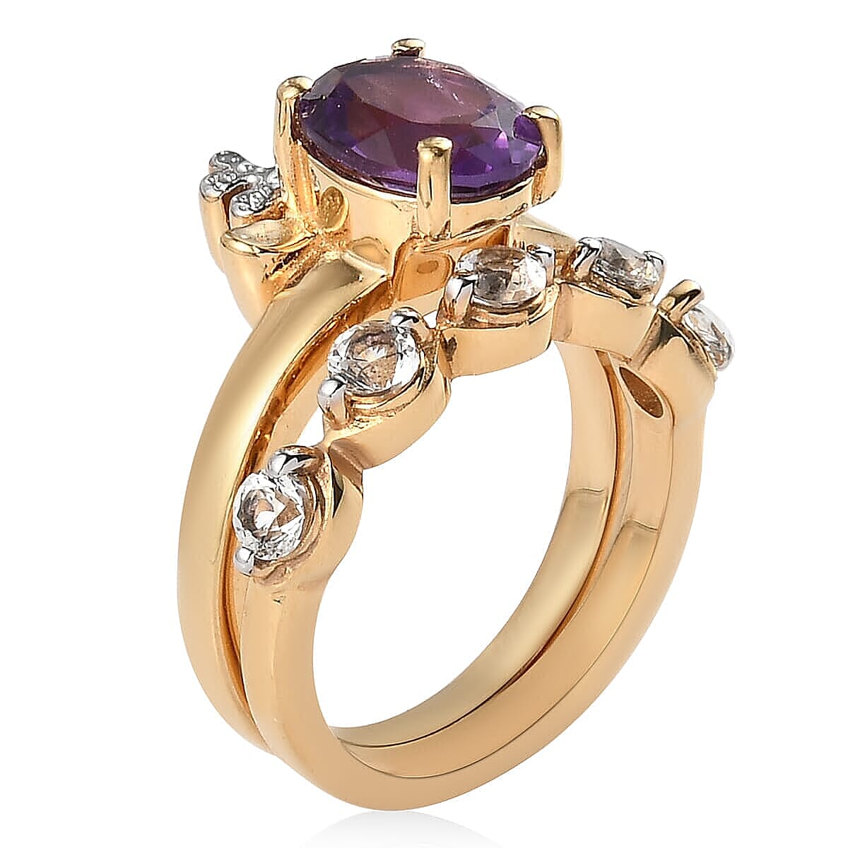 Karis Amethyst and White Topaz Set of 2 Ring in Platinum Bond & ION Plated 18K Yellow Gold (Size 5.0) 2.40 ctw