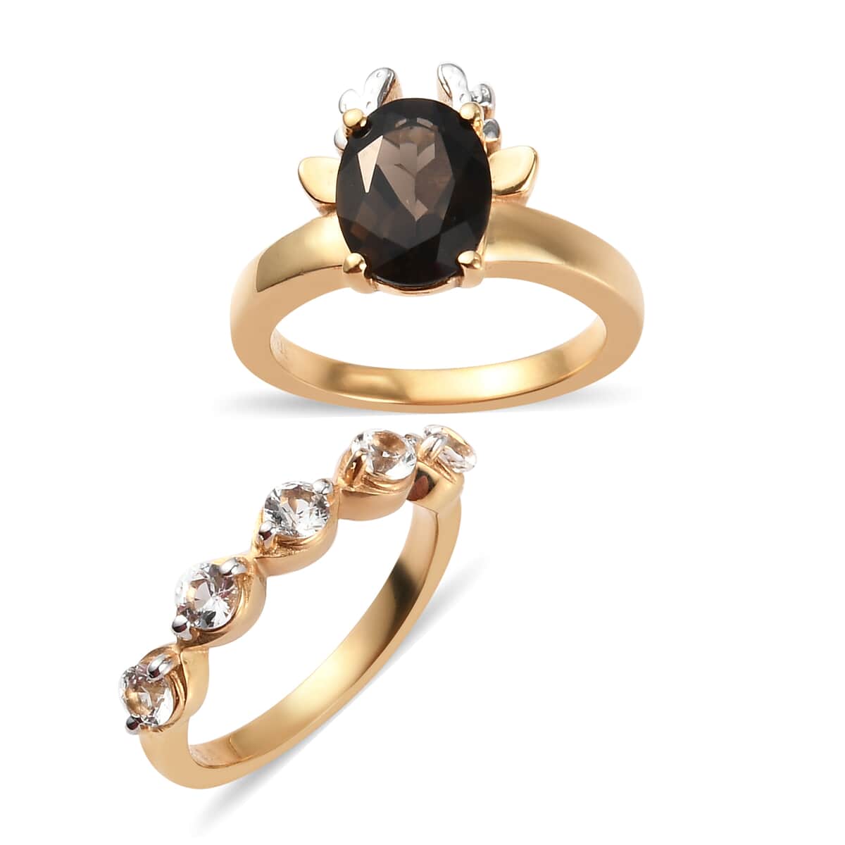 Karis Brazilian Smoky Quartz and White Topaz Set of 2 Ring in Platinum Bond and 18K YG Plated (Size 6.0) 2.25 ctw image number 0