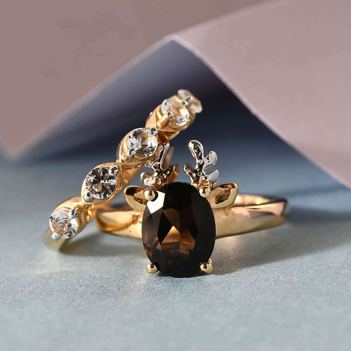 Karis Brazilian Smoky Quartz and White Topaz Set of 2 Ring in Platinum Bond and 18K YG Plated (Size 6.0) 2.25 ctw image number 1