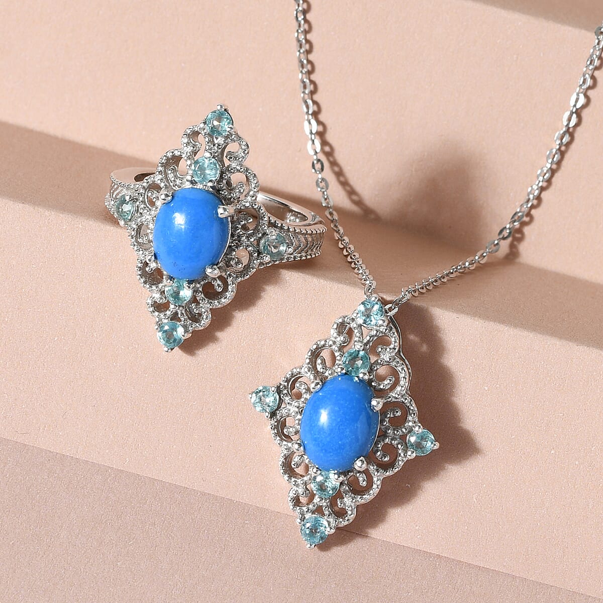 Ceruleite and Madagascar Paraiba Apatite Ring (Size 6.0) and Pendant Necklace 20 Inches in Platinum Over Sterling Silver 9.40 Grams 4.00 ctw image number 1