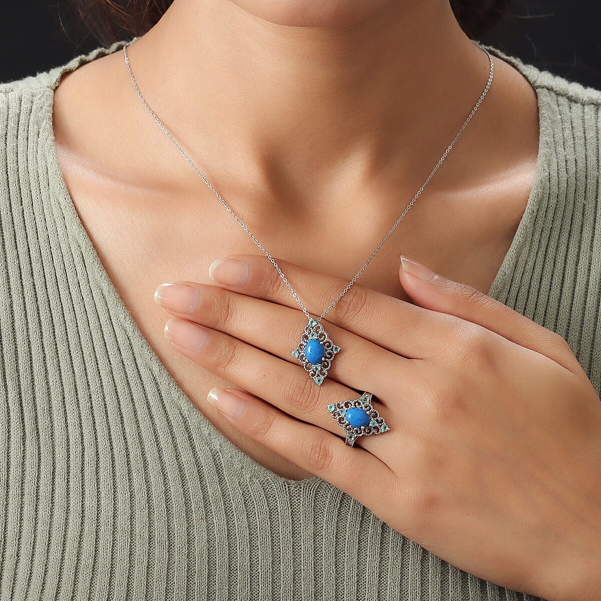 Ceruleite and Madagascar Paraiba Apatite Ring (Size 6.0) and Pendant Necklace 20 Inches in Platinum Over Sterling Silver 9.40 Grams 4.00 ctw image number 2