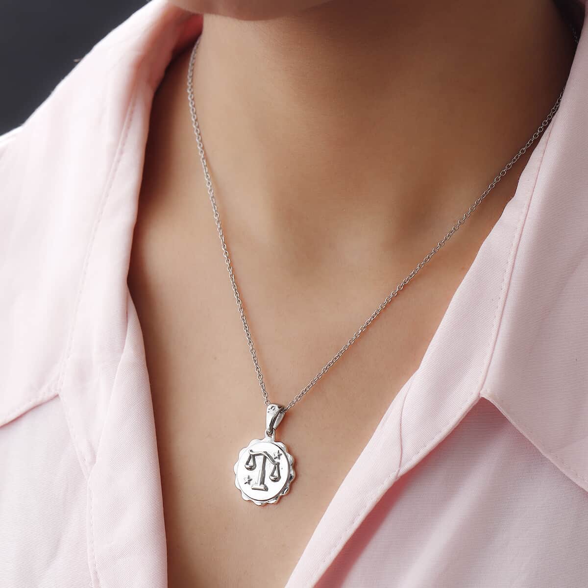 KARIS Libra Zodiac Pendant Necklace 20 Inches in Platinum Bond and Stainless Steel image number 2