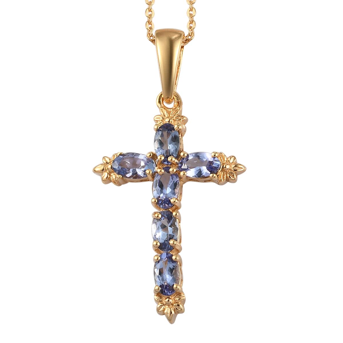 Tanzanite Cross Pendant Necklace 20 Inches in Vermeil Yellow Gold Over Sterling Silver 1.40 ctw image number 0