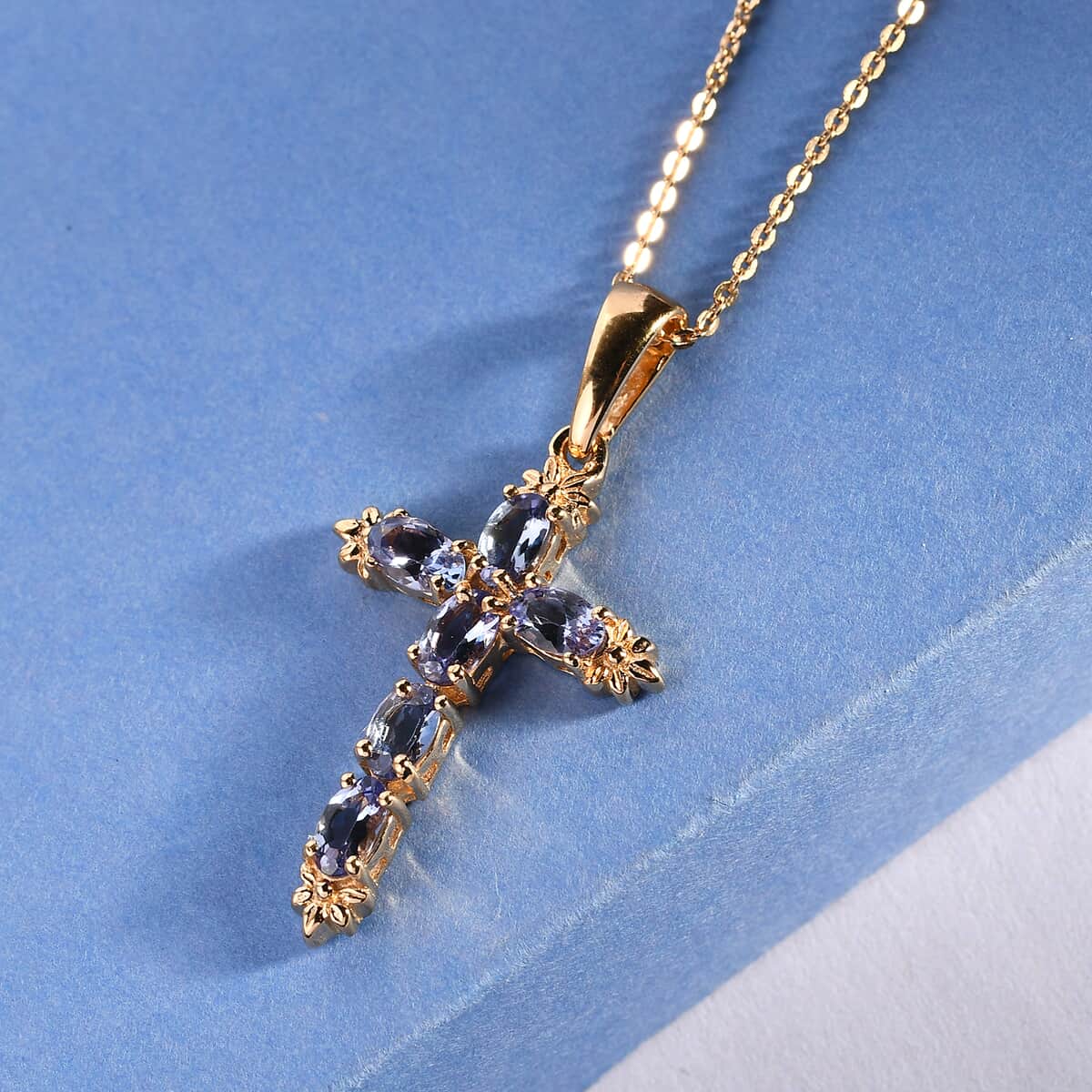 Tanzanite Cross Pendant Necklace 20 Inches in Vermeil Yellow Gold Over Sterling Silver 1.40 ctw image number 1