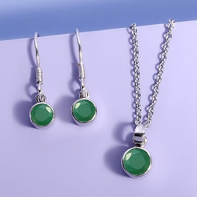 May Birthstone Jewelry Gift Set,  Socoto Emerald Earrings and Emerald Pendant, Jewelry Gift Set in Platinum Over Sterling Silver with Stainless Steel Necklace 20 In 1.70 ctw