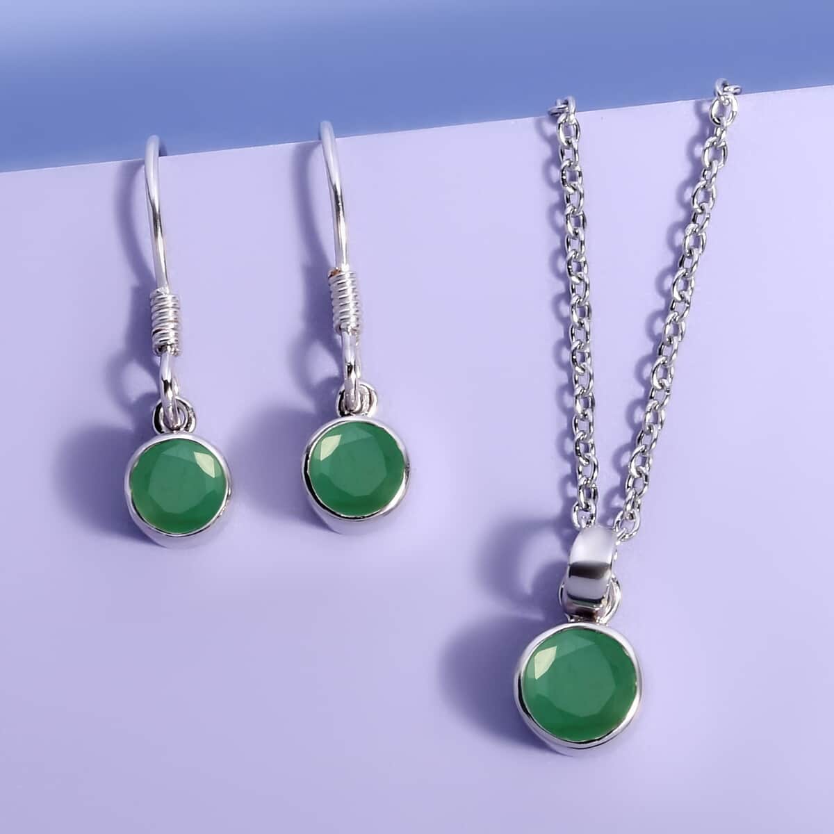 May Birthstone Jewelry Gift Set,  Socoto Emerald Earrings and Emerald Pendant, Jewelry Gift Set in Platinum Over Sterling Silver with Stainless Steel Necklace 20 In 1.70 ctw image number 1