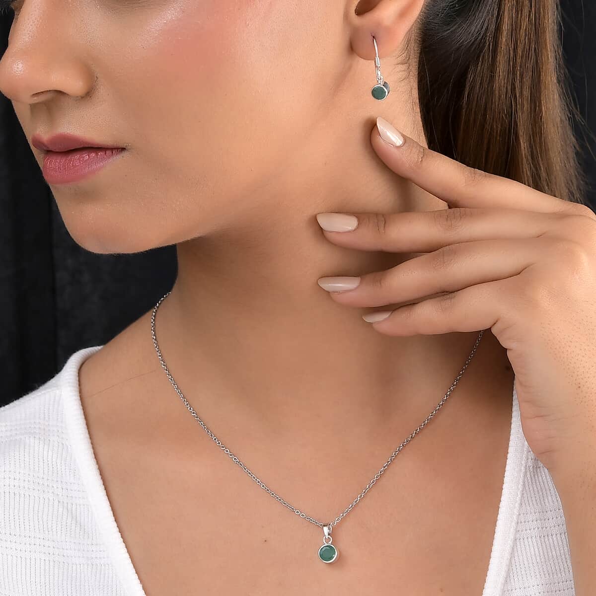 May Birthstone Jewelry Gift Set with Socoto Emerald Fish Hook Earrings and Solitaire Pendant Necklace 20 Inches in Platinum Over Sterling Silver and Stainless Steel 1.70 ctw image number 2