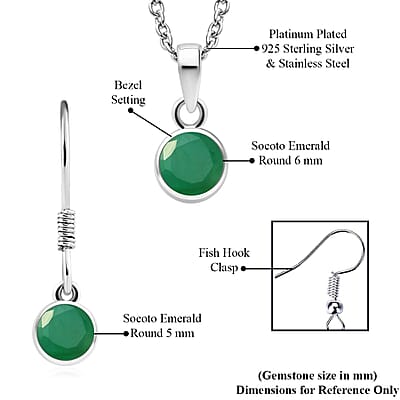 May Birthstone Jewelry Gift Set,  Socoto Emerald Earrings and Emerald Pendant, Jewelry Gift Set in Platinum Over Sterling Silver with Stainless Steel Necklace 20 In 1.70 ctw