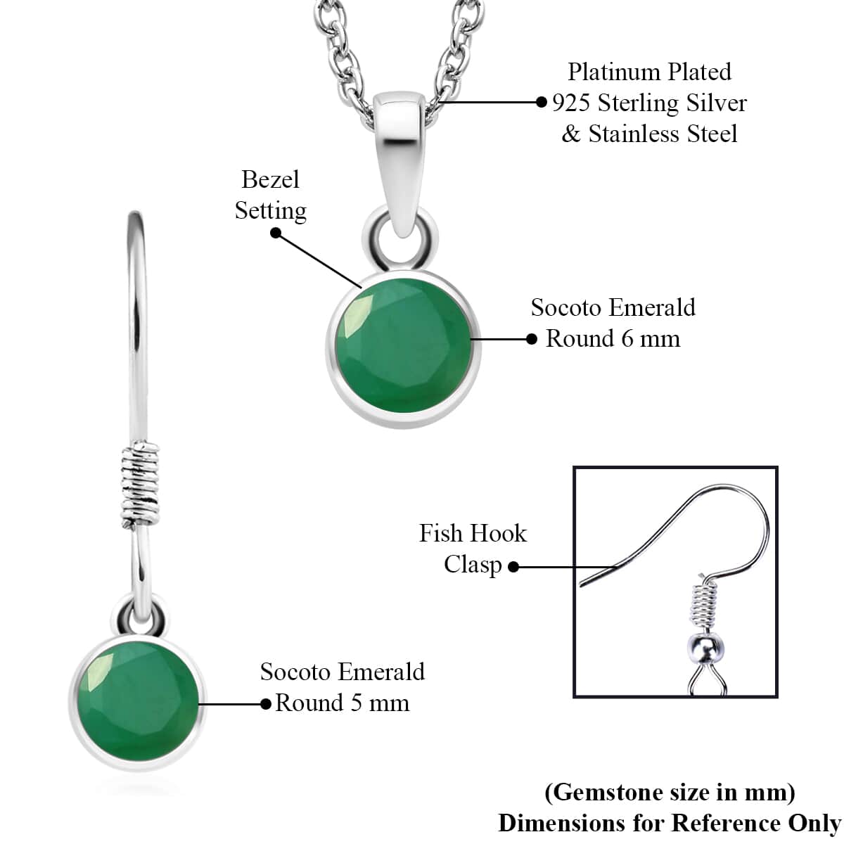 May Birthstone Jewelry Gift Set with Socoto Emerald Fish Hook Earrings and Solitaire Pendant Necklace 20 Inches in Platinum Over Sterling Silver and Stainless Steel 1.70 ctw image number 6
