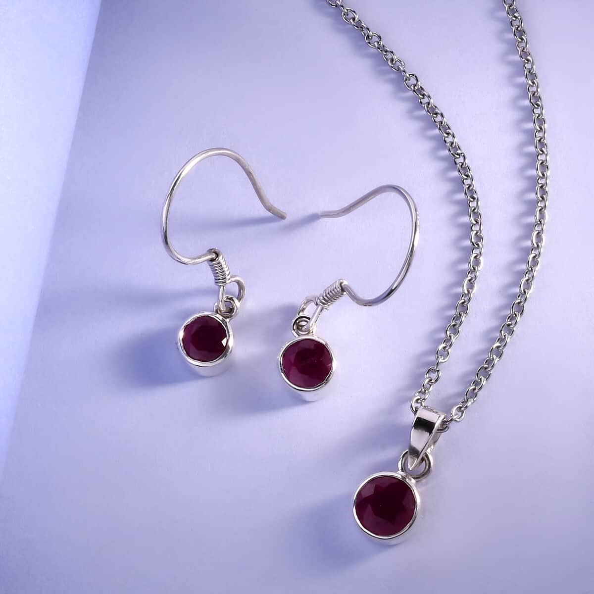 July Birthstone Jewelry Gift Set, Niassa Ruby (FF) Earrings and Ruby Pendant, Jewelry Gift Set in Platinum Over Sterling Silver with Stainless Steel Necklace 20In 3.00 ctw image number 1