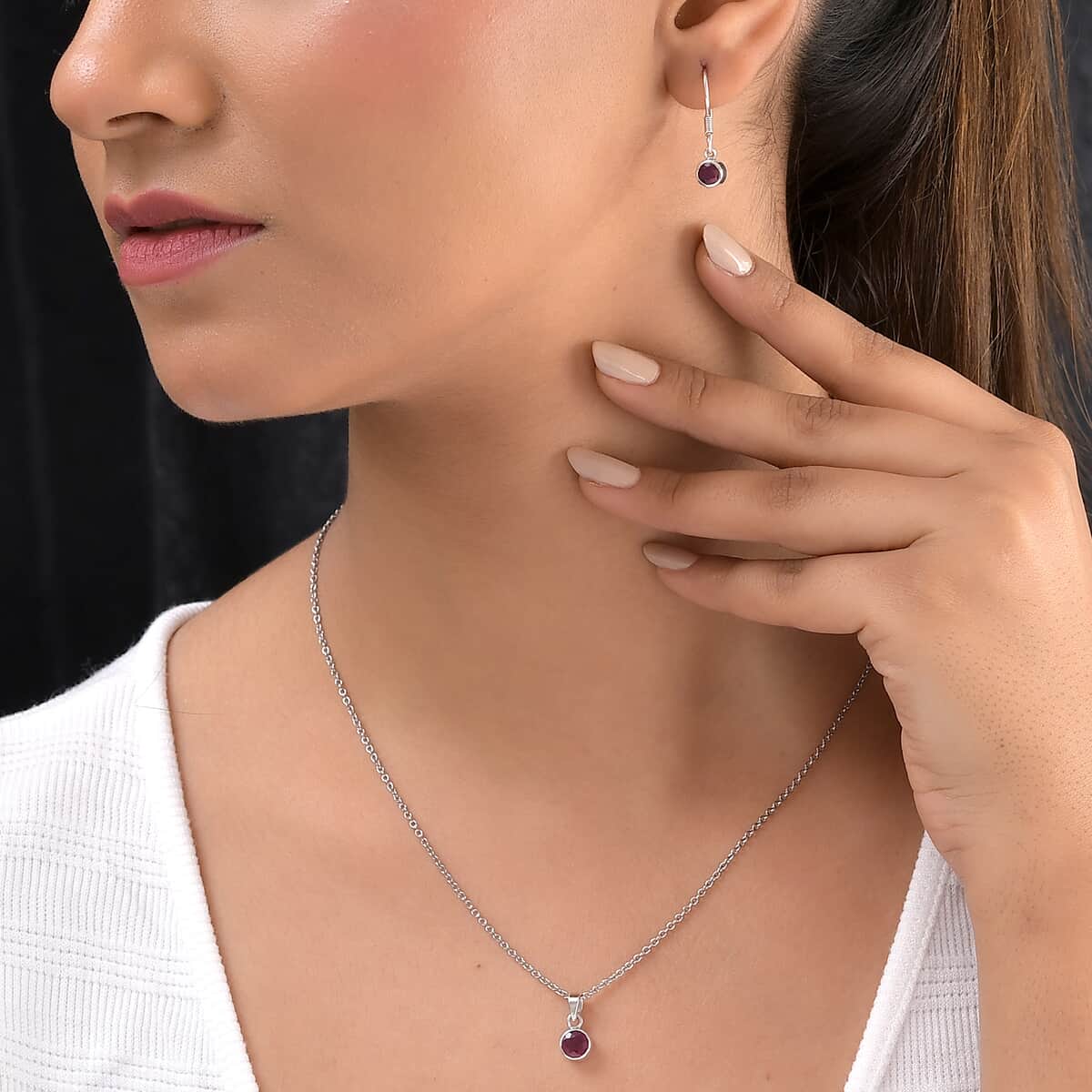July Birthstone Jewelry Gift Set, Niassa Ruby (FF) Earrings and Ruby Pendant, Jewelry Gift Set in Platinum Over Sterling Silver with Stainless Steel Necklace 20In 3.00 ctw image number 2
