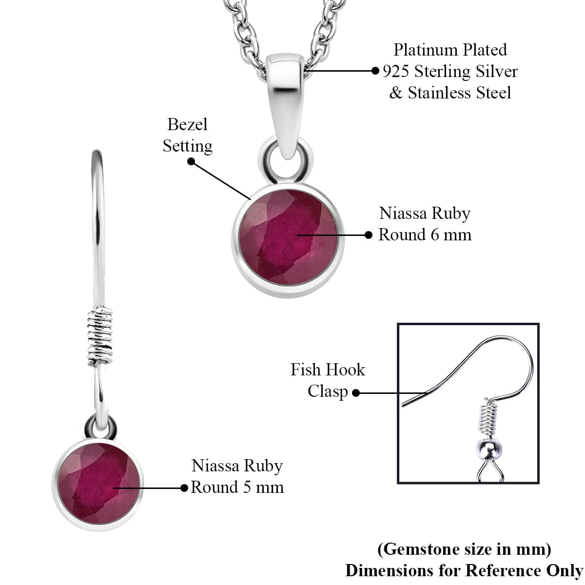 July Birthstone Jewelry Gift Set, Niassa Ruby (FF) Earrings and Ruby Pendant, Jewelry Gift Set in Platinum Over Sterling Silver with Stainless Steel Necklace 20In 3.00 ctw image number 6