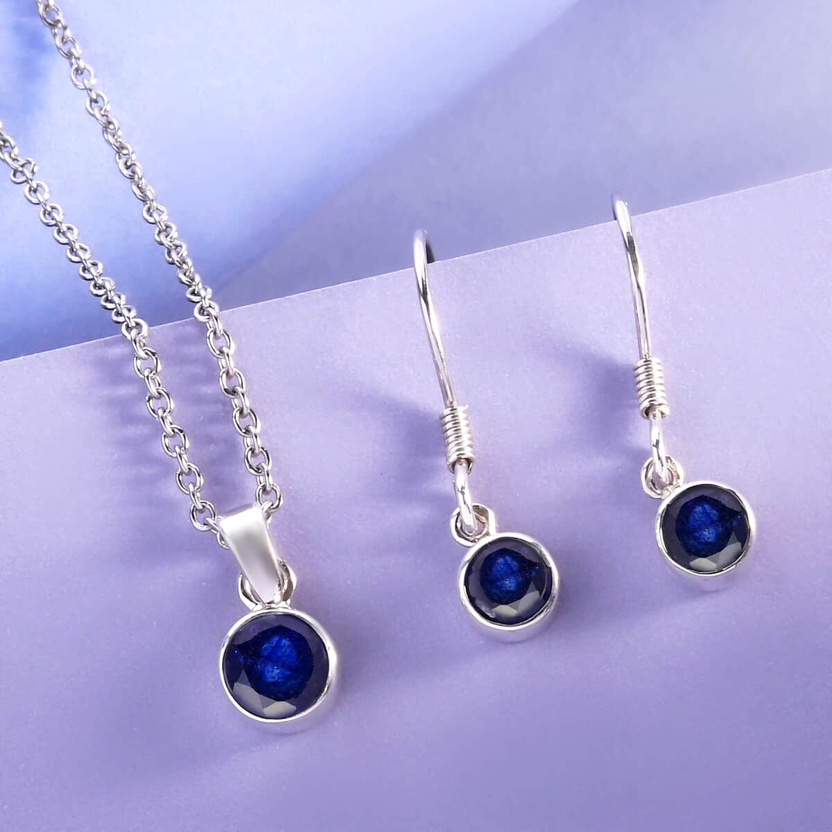 September Birthstone Jewelry Gift Set, Masoala Sapphire (FF) Earrings and Sapphire Pendant, Jewelry Gift Set in Platinum Over Sterling Silver with Stainless Steel Necklace 20Inches 2.80 ctw image number 1