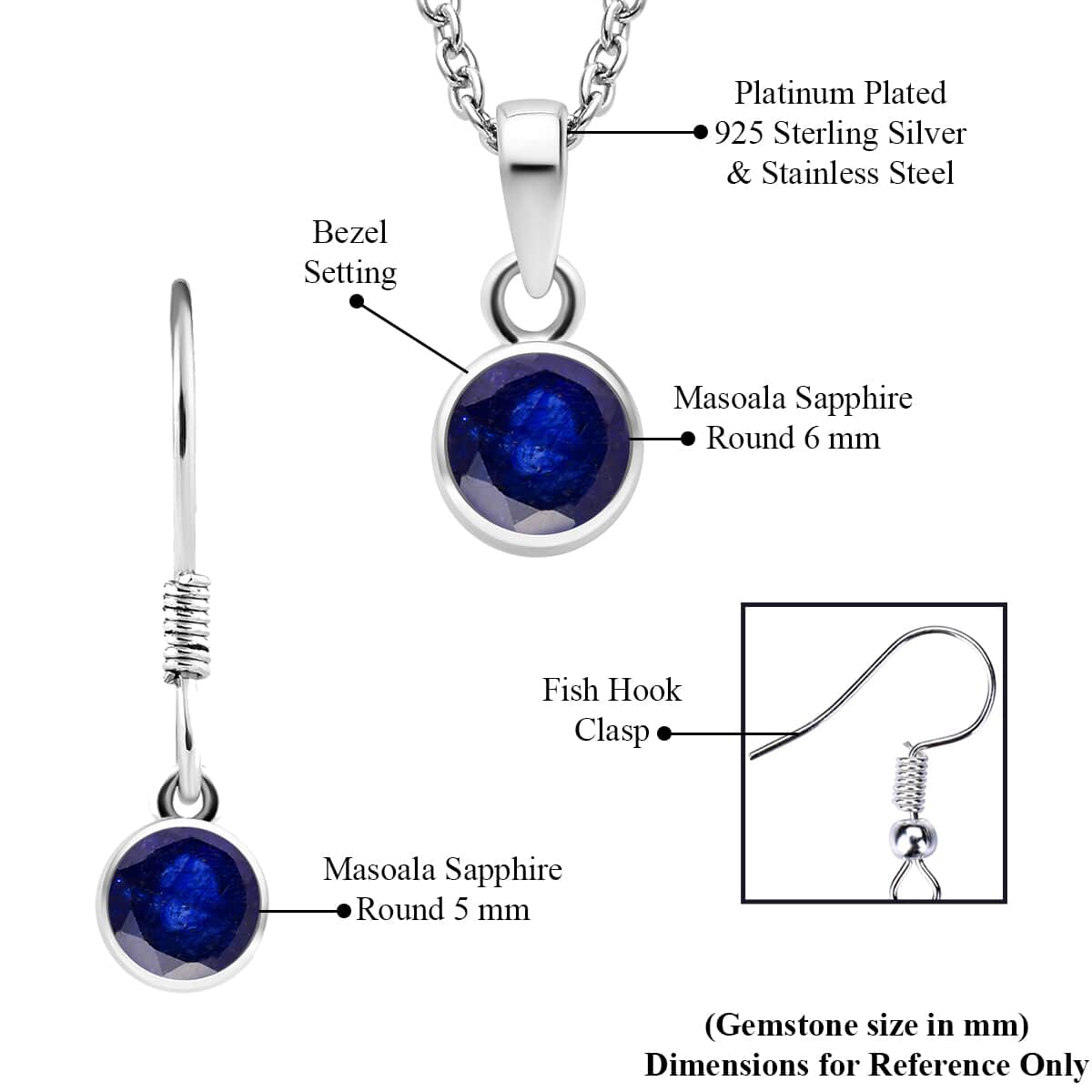 September Birthstone Jewelry Gift Set, Masoala Sapphire (FF) Earrings and Sapphire Pendant, Jewelry Gift Set in Platinum Over Sterling Silver with Stainless Steel Necklace 20Inches 2.80 ctw image number 6