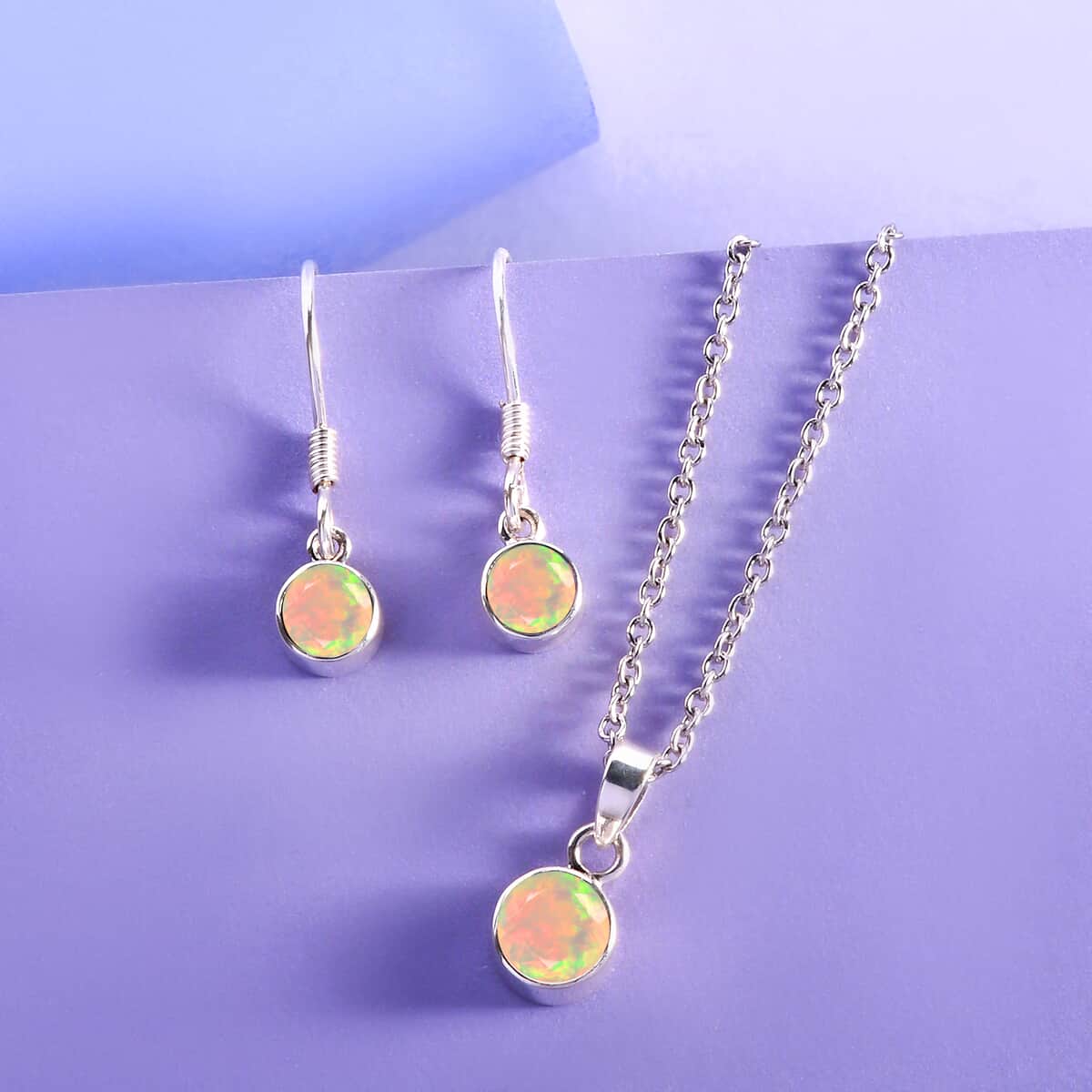October Birthstone Jewelry Gift Set, Ethiopian Welo Opal Earrings and Opal Pendant, Jewelry Gift Set in Platinum Over Sterling Silver with Stainless Steel Necklace 20In 1.25 ctw image number 1