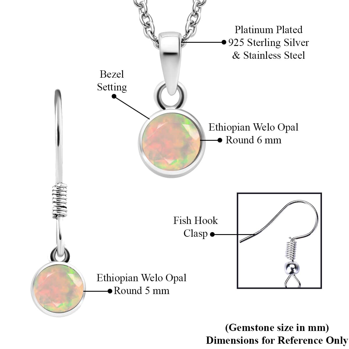 October Birthstone Jewelry Gift Set, Ethiopian Welo Opal Earrings and Opal Pendant, Jewelry Gift Set in Platinum Over Sterling Silver with Stainless Steel Necklace 20In 1.25 ctw image number 6