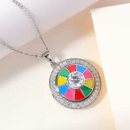 LUSTRO STELLA Made with Finest CZ and Multi Color Enameled Flower Pendant Necklace 20 Inches in Platinum Over Sterling Silver 9.50 Grams 3.50 ctw image number 1