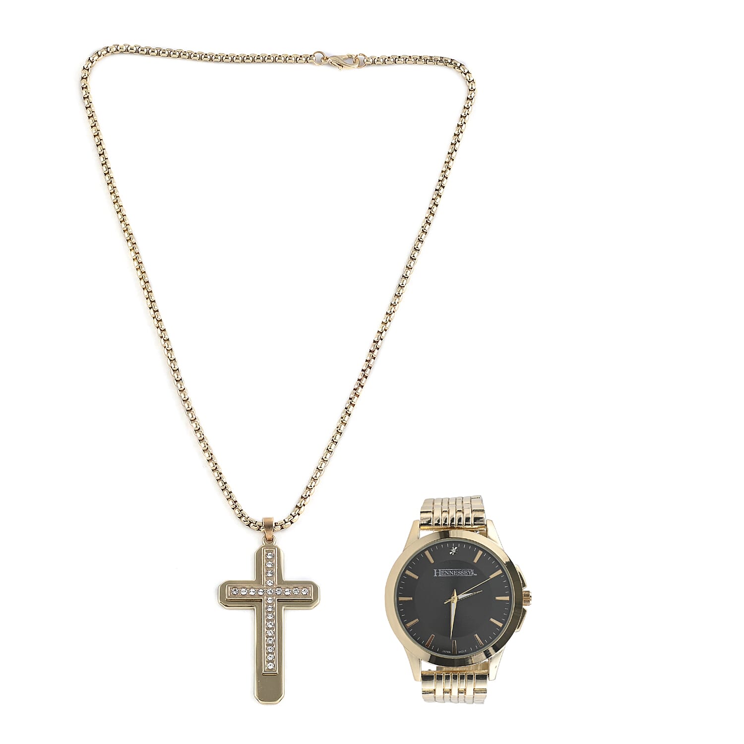 HENNESSEY Crystal Japanese Movement Watch with Black Vegan Leather Strap and ION Plated YG Over Stainless Steel Cross Pendant Necklace (18 Inches)