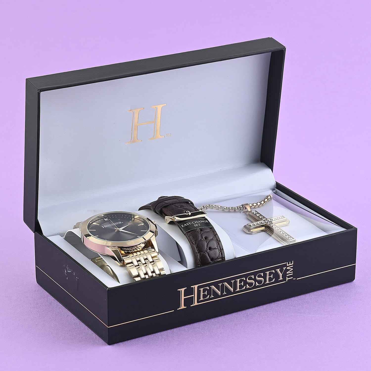 HENNESSEY Crystal Japanese Movement Watch with Black Vegan Leather Strap and ION Plated YG Over Stainless Steel Cross Pendant Necklace (18 Inches)