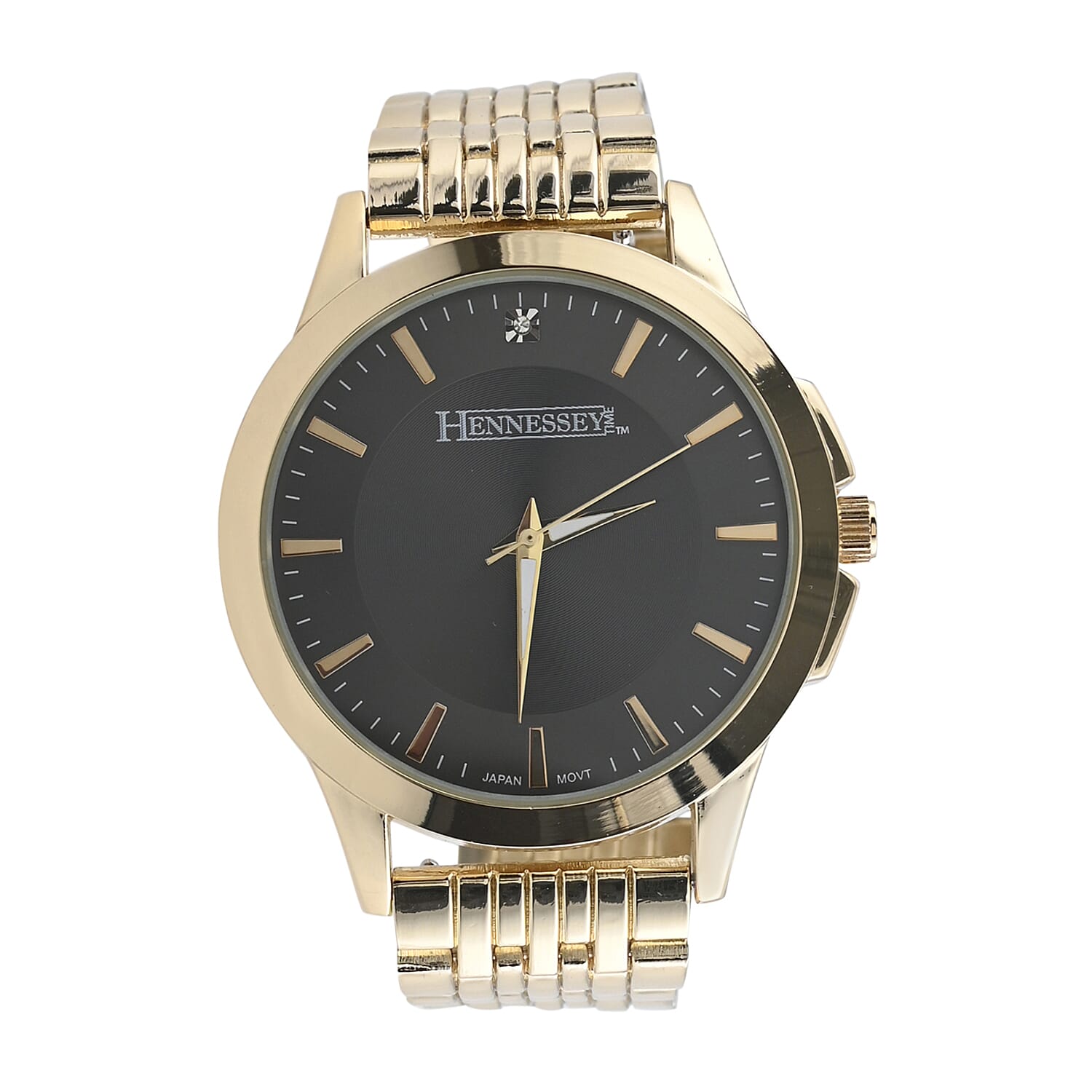 HENNESSEY Crystal Japanese Movement Watch with Black Vegan Leather Strap and ION Plated YG Over Stainless Steel Cross Pendant Necklace (18 Inches)