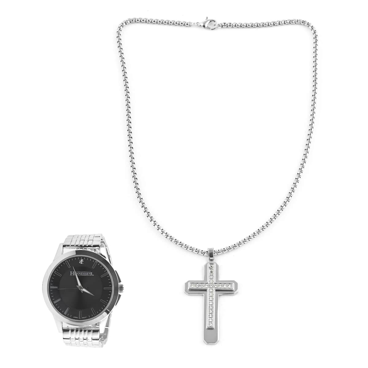 HENNESSEY Crystal Japanese Movement Watch with Black Vegan Leather Strap and Stainless Steel Cross Pendant Necklace (18 Inches) image number 0