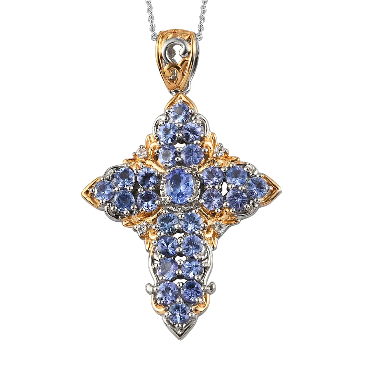 Tanzanite and Natural White Zircon Cross Pendant Necklace 20 Inches in Vermeil YG and Platinum Over Sterling Silver 7.65 Grams 3.10 ctw image number 0