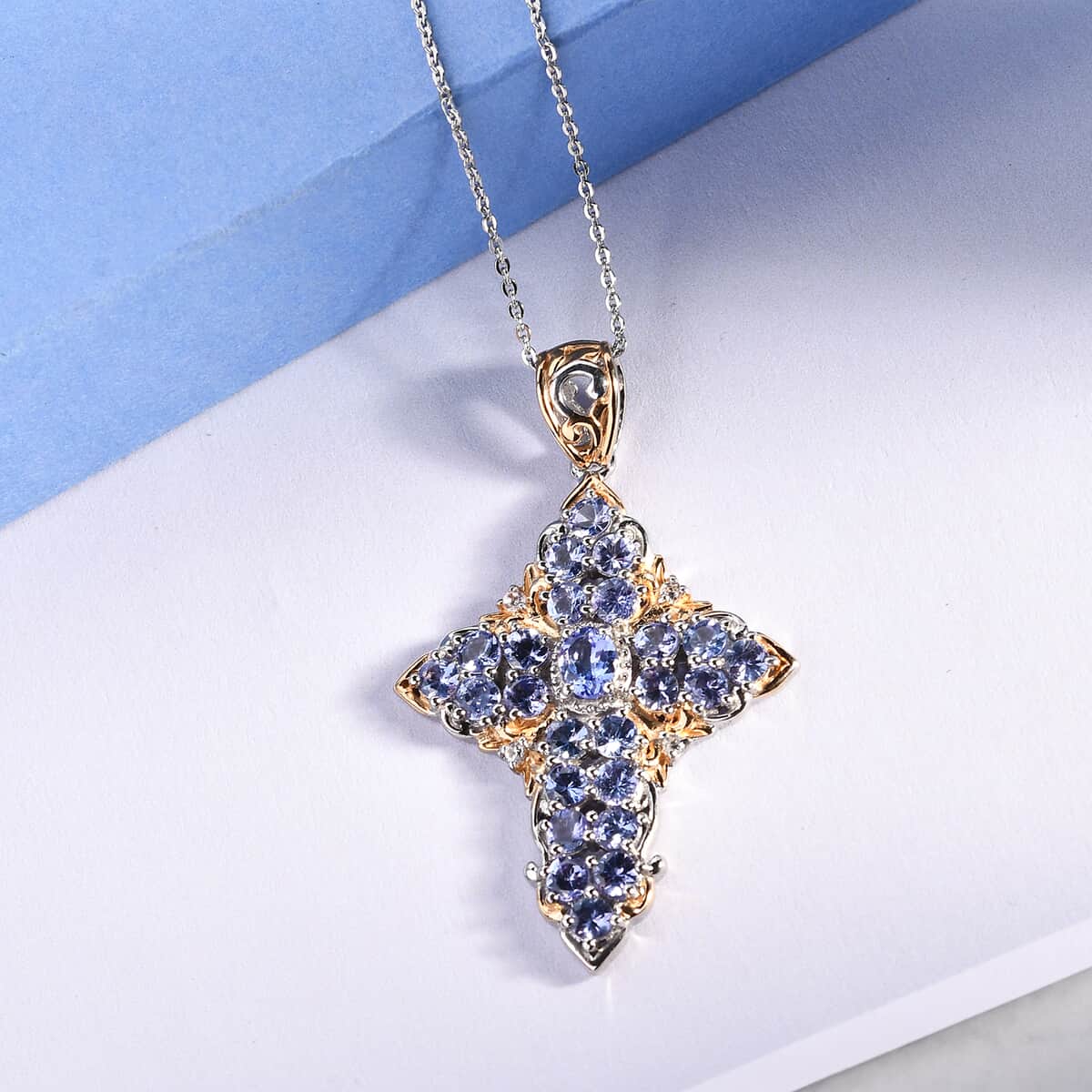 Tanzanite and Natural White Zircon Cross Pendant Necklace 20 Inches in Vermeil YG and Platinum Over Sterling Silver 7.65 Grams 3.10 ctw image number 1