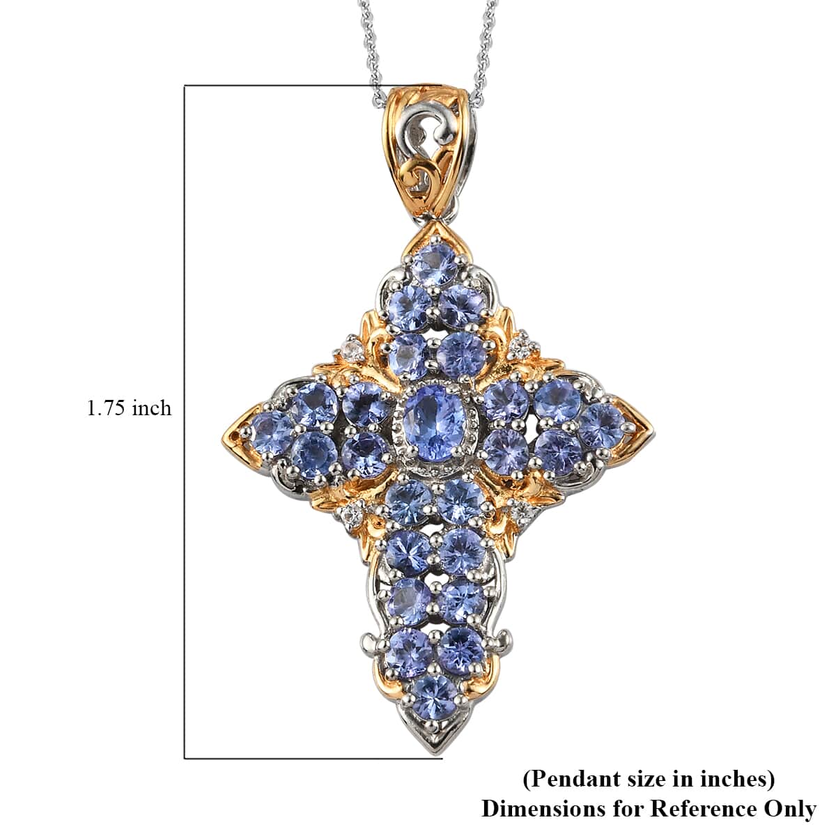 Tanzanite and Natural White Zircon Cross Pendant Necklace 20 Inches in Vermeil YG and Platinum Over Sterling Silver 7.65 Grams 3.10 ctw image number 3