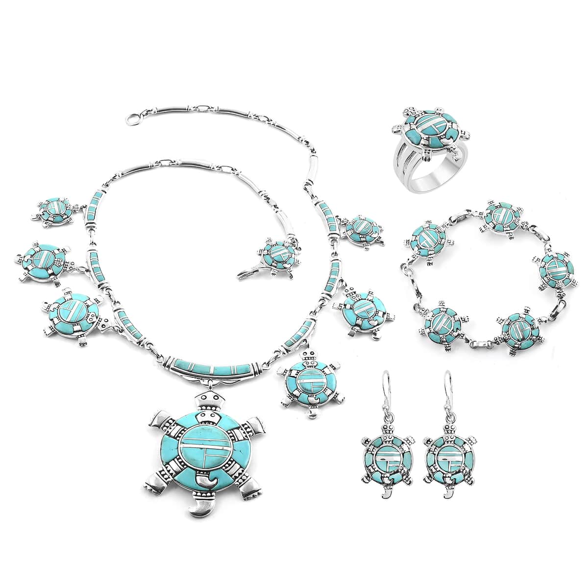 SANTA FE Style Turquoise Turtle Earrings, Ring Size 8, Bracelet 8.00 In and Necklace 24 Inches in Sterling Silver 226.8 Grams 16.40 ctw image number 0
